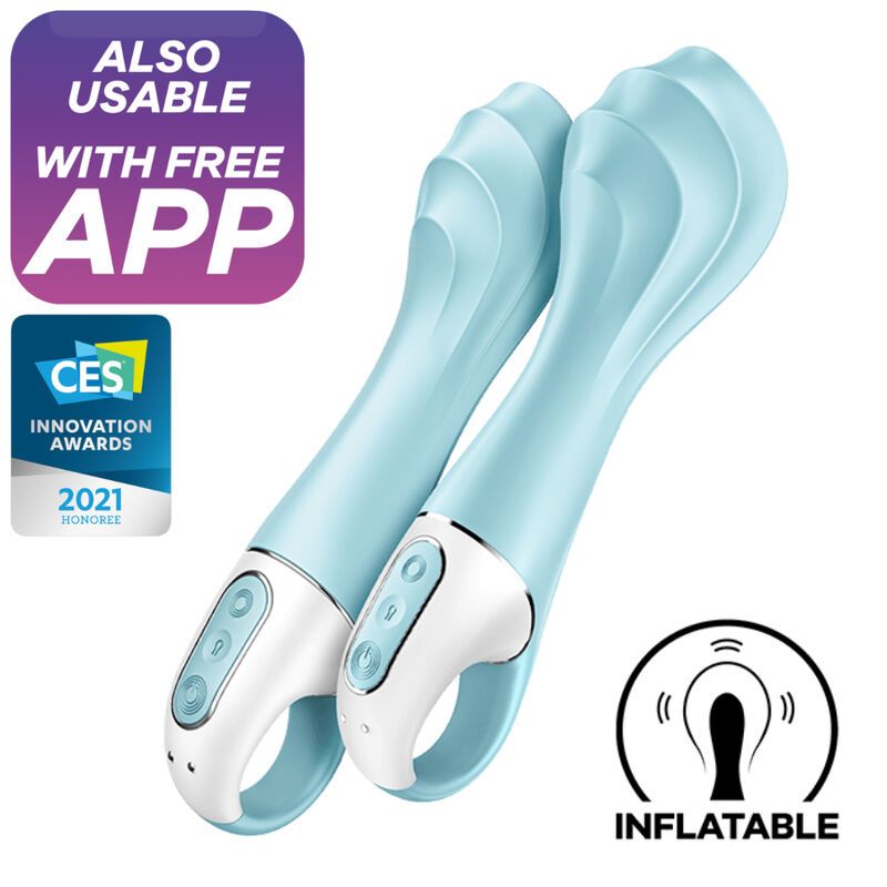 Zwei blaue Vibratoren mit Ring. CES Innovation Awards 2021. Text: Inflatable. App-Logo.