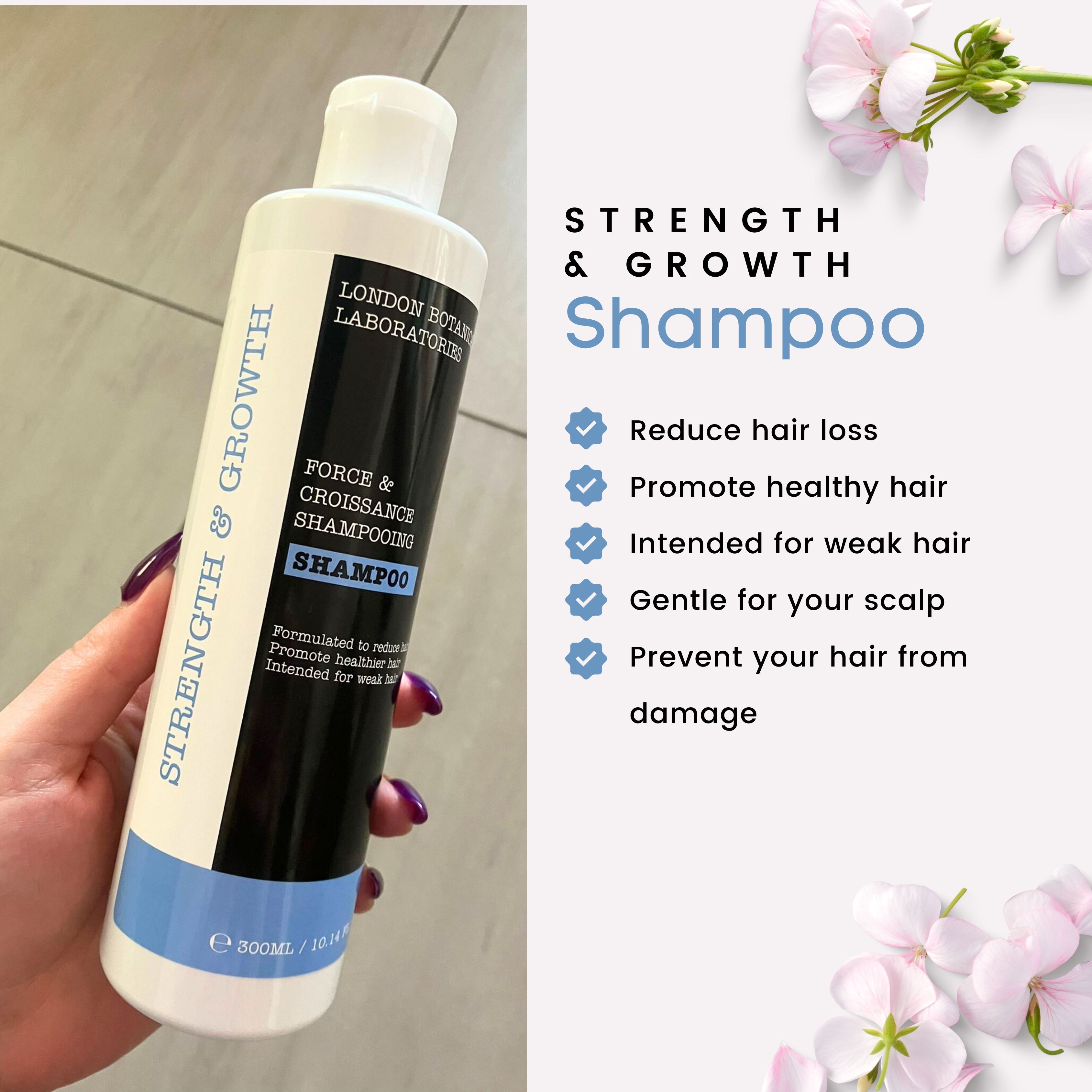 Shampoo-Flasche in Hand gehalten. Weißer Deckel, blauem Boden und schwarzem Etikett. Text: Strength & Growth, Shampoo, London Botanical Laboratories.