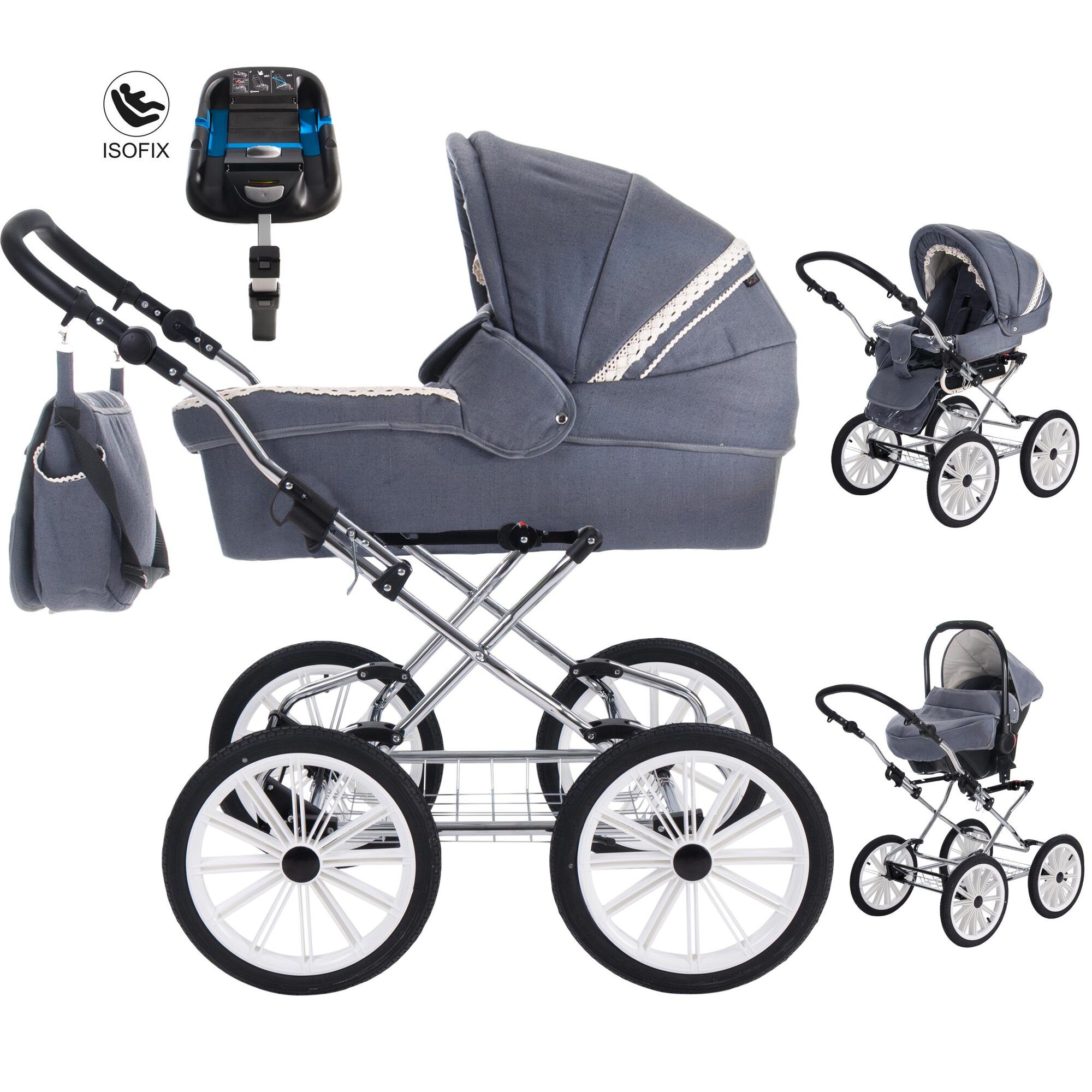 Friedrich Hugo Natureline Uni 4 in 1 Kinderwagen Isofix Set, Harry Stone Silver
