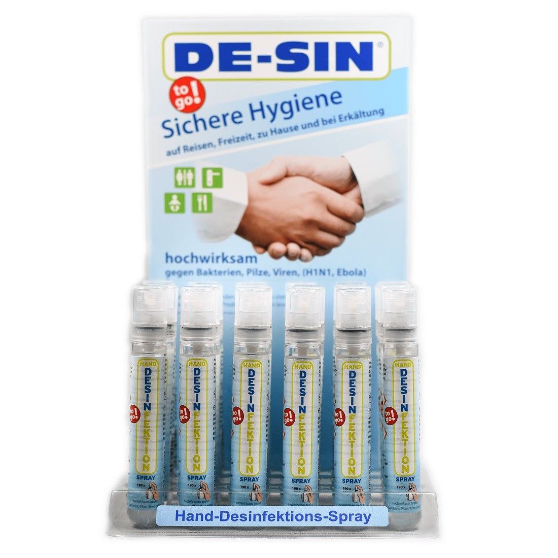 Verpackung mit mehreren Handdesinfektionssprays. Aufschrift: DE-SIN, Sichere Hygiene. Sprays in Halterung. Hintergrund: Logo und Text.