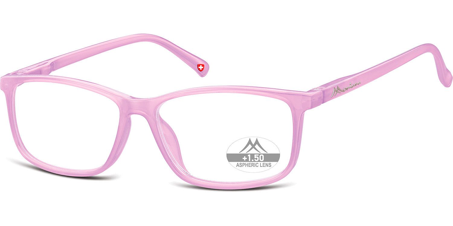 Rosa Brille mit rechteckigen Gläsern. Auf dem rechten Bügel steht "Montana Eyewear". Auf dem Glas steht "Aspheric Lens".