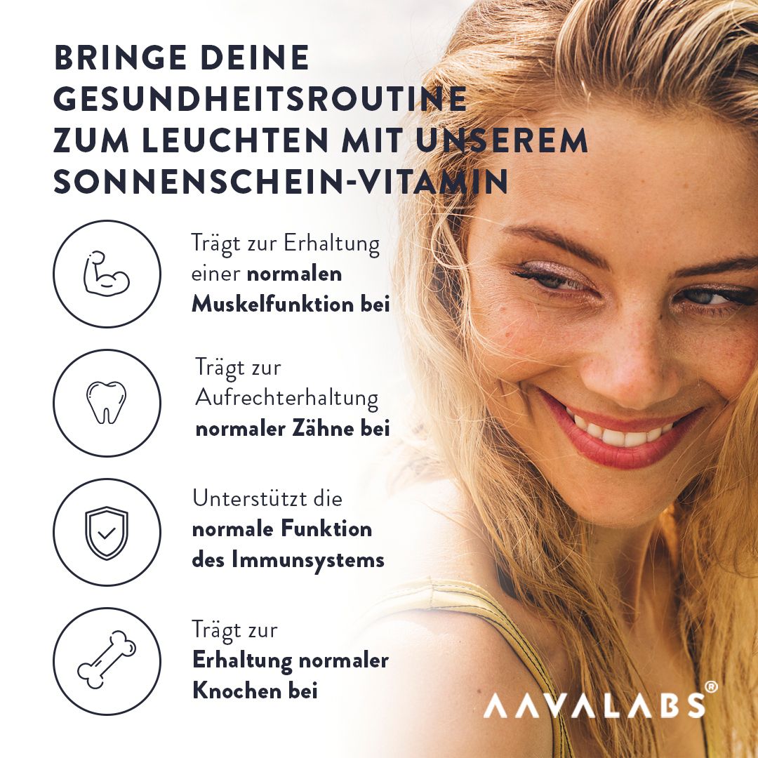 Frau lächelt. Text: Bring deine Gesundheitsroutine zum Leuchten mit unserem Sonnen-Vitamin. Symbole.