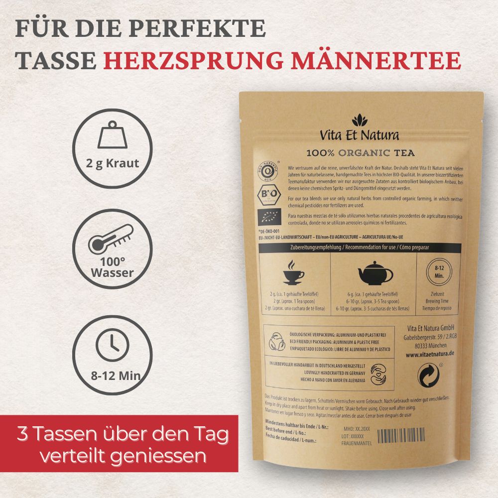 Verpackung Herzsprung Tee. Text: Vita Et Natura, 100% Organic Tea, Bio-Siegel. Zubereitungshinweise: 2g Kraut, 100°C Wasser, 8-12 Min. Ziehzeit.