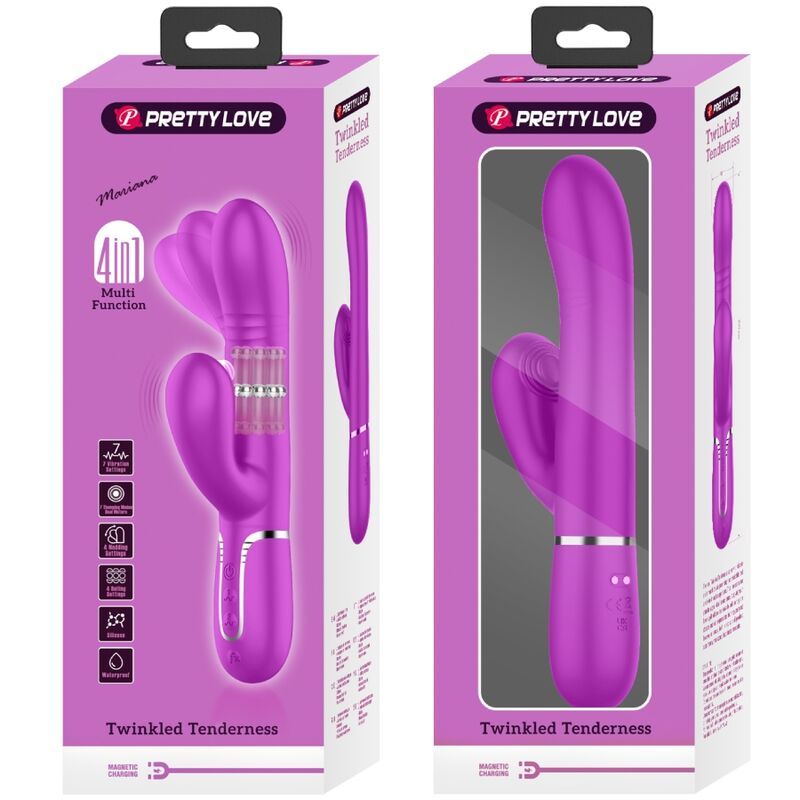 Verpackung von Pretty Love. Lila Vibrator mit zwei Enden. Aufschrift: Twinkled Tenderness, 4in1 Multi Function.