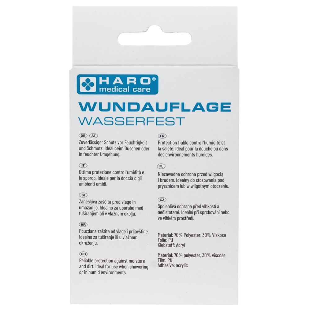 Rückseite der Verpackung von Haro Wundauflage wasserfest. Informationen zu Material und Eigenschaften.