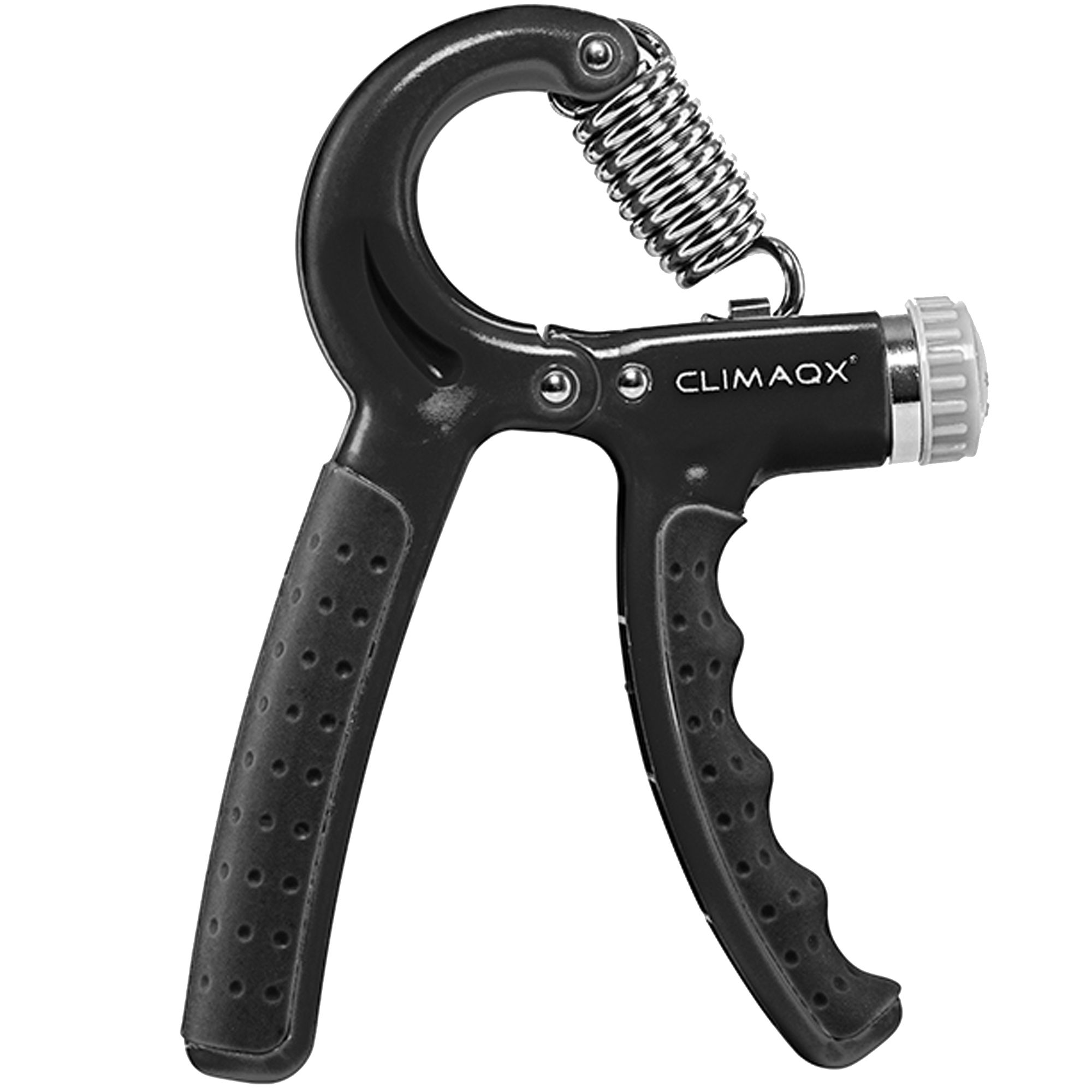 Schwarzer Unterarmtrainer mit Feder und Griffen. CLIMAQX-Logo sichtbar.