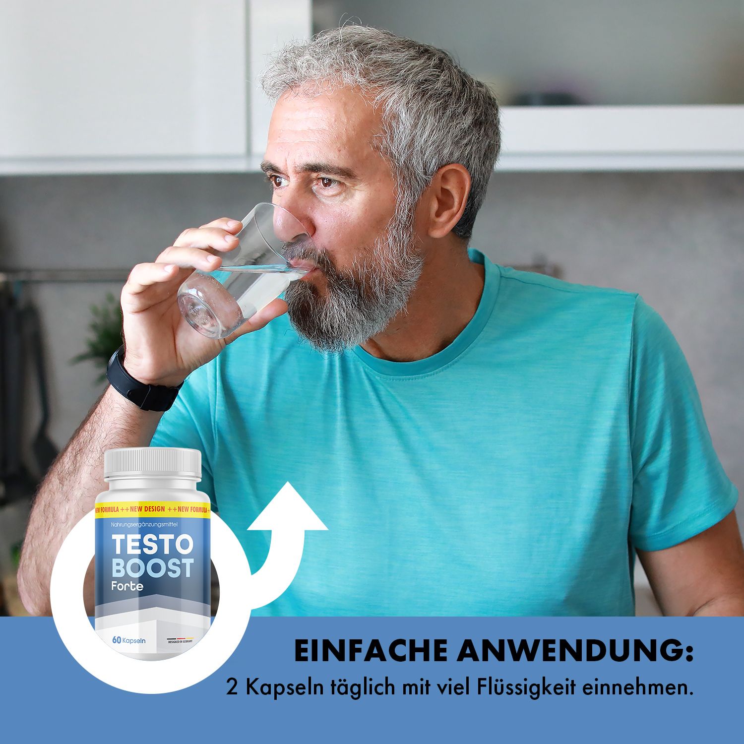 Mann trinkt Wasser, Flasche Testo Boost Forte. Aufschrift: Einfache Anwendung: 2 Kapseln täglich mit viel Flüssigkeit einnehmen. 60 Kapseln.