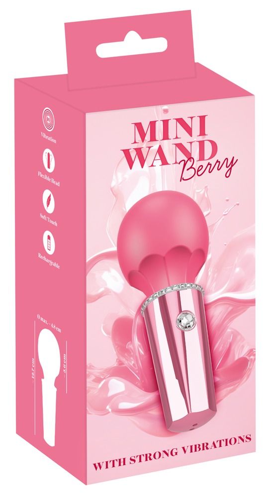 Verpackung der Mini-Wand Berry. Rosa Box mit Produktabbildung und Text: MINI WAND Berry. Merkmale: Vibration, flexibler Kopf, Soft Touch, wiederaufladbar.