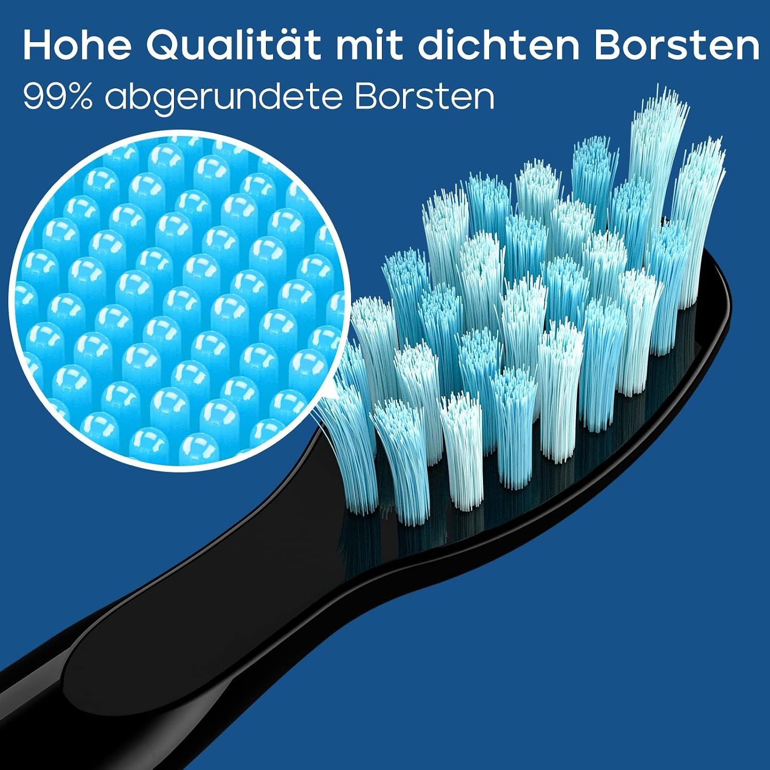 Nahaufnahme eines schwarzen Zahnbürstenkopfes mit blauen und hellblauen Borsten.