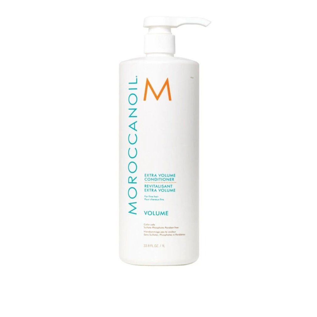 Weißer Conditioner-Behälter mit Pumpe. Text: Moroccanoil, Extra Volume Conditioner, Volume. Orangefarbenes Logo.