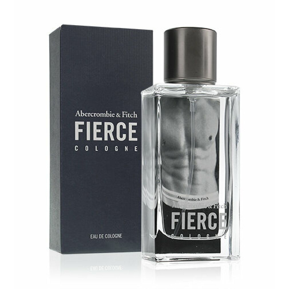 Flasche und Schachtel von Abercrombie & Fitch Fierce Cologne. Rechteckige Flasche mit schwarzem Deckel. Schwarze Schachtel mit Logo.