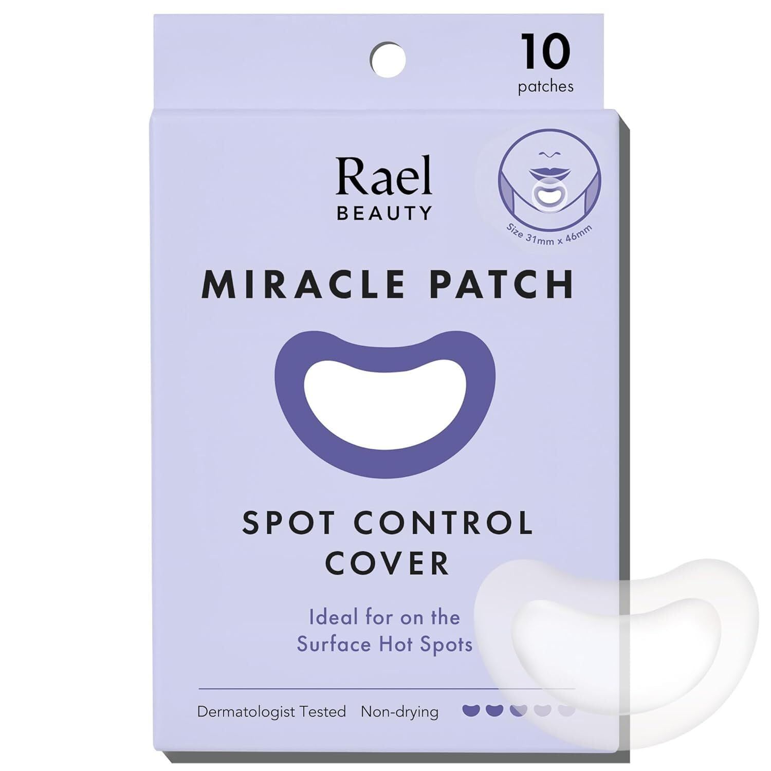Verpackung mit 10 Pflastern. Aufdruck: Rael Beauty, Miracle Patch, Spot Control Cover. Pflasterform: Halbmond mit Aussparung.