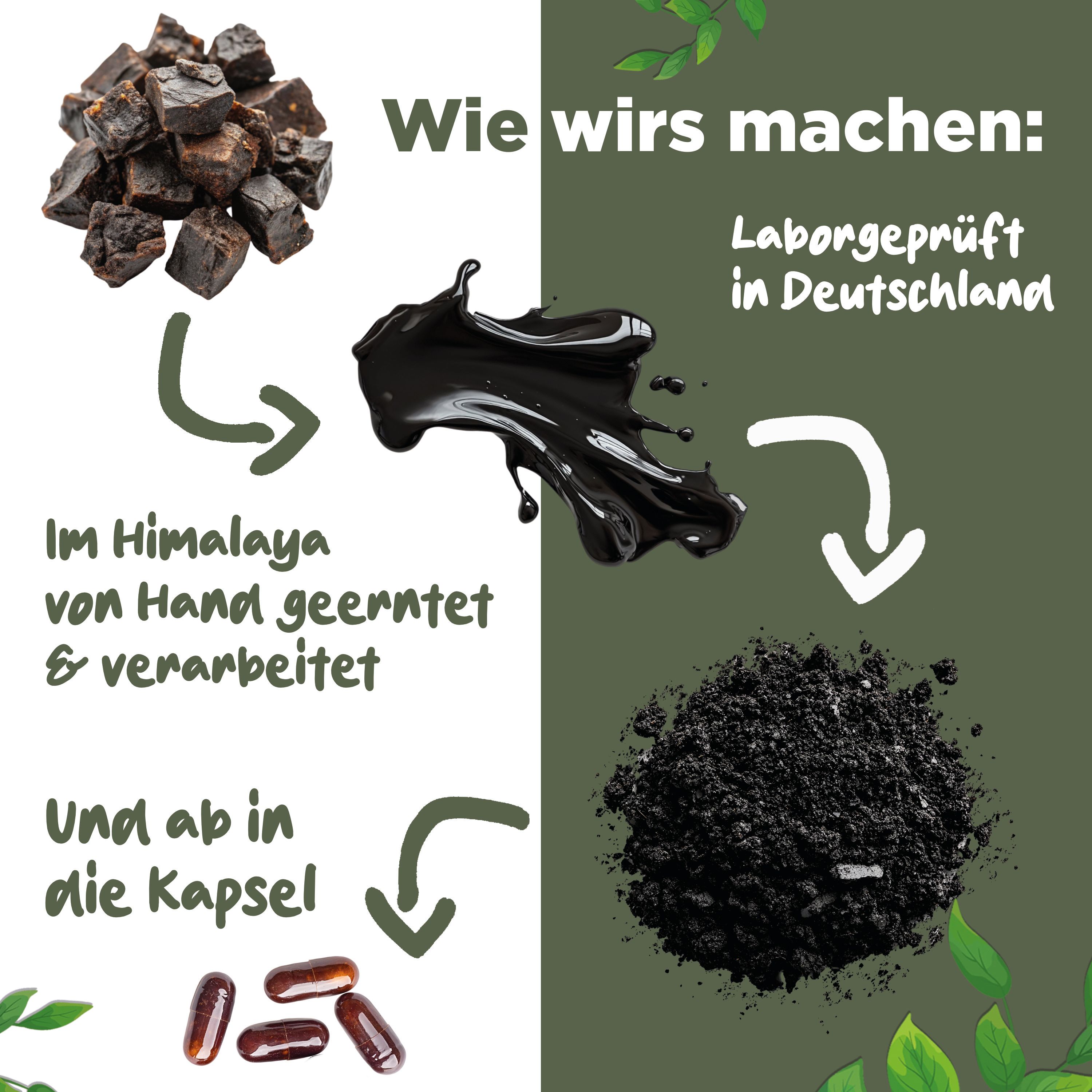 Auf weißem Hintergrund: Shilajit-Rohmaterial, verarbeitet, Kapseln. Text: Im Himalaya von Hand geerntet & verarbeitet. Laborgeprüft in Deutschland.