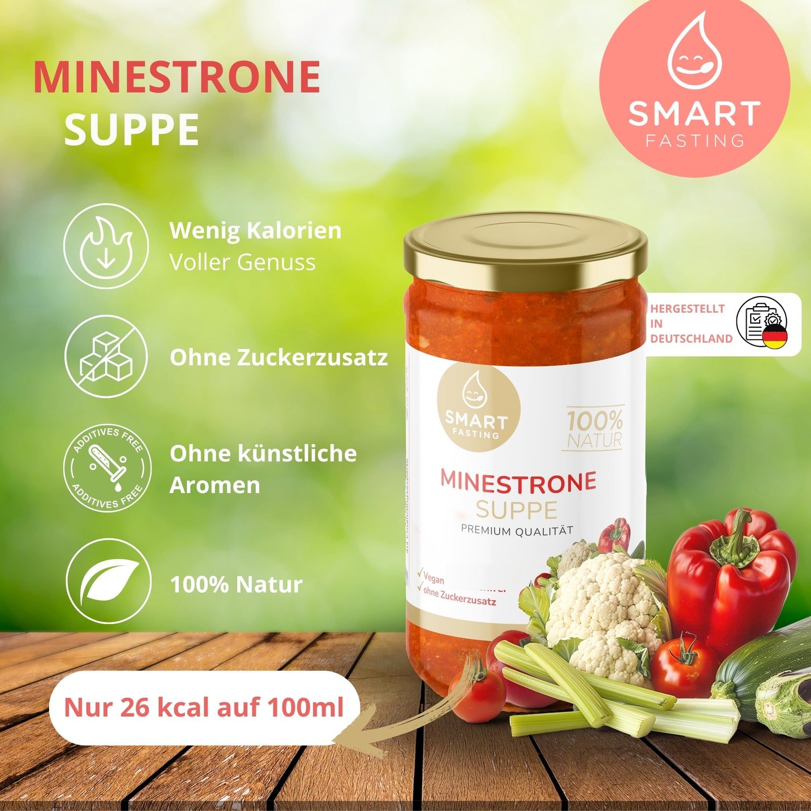 Glas Smart Fasting Minestrone Suppe mit Gemüse. Aufschrift: Wenig Kalorien, ohne Zuckerzusatz, ohne künstliche Aromen, 100% Natur.