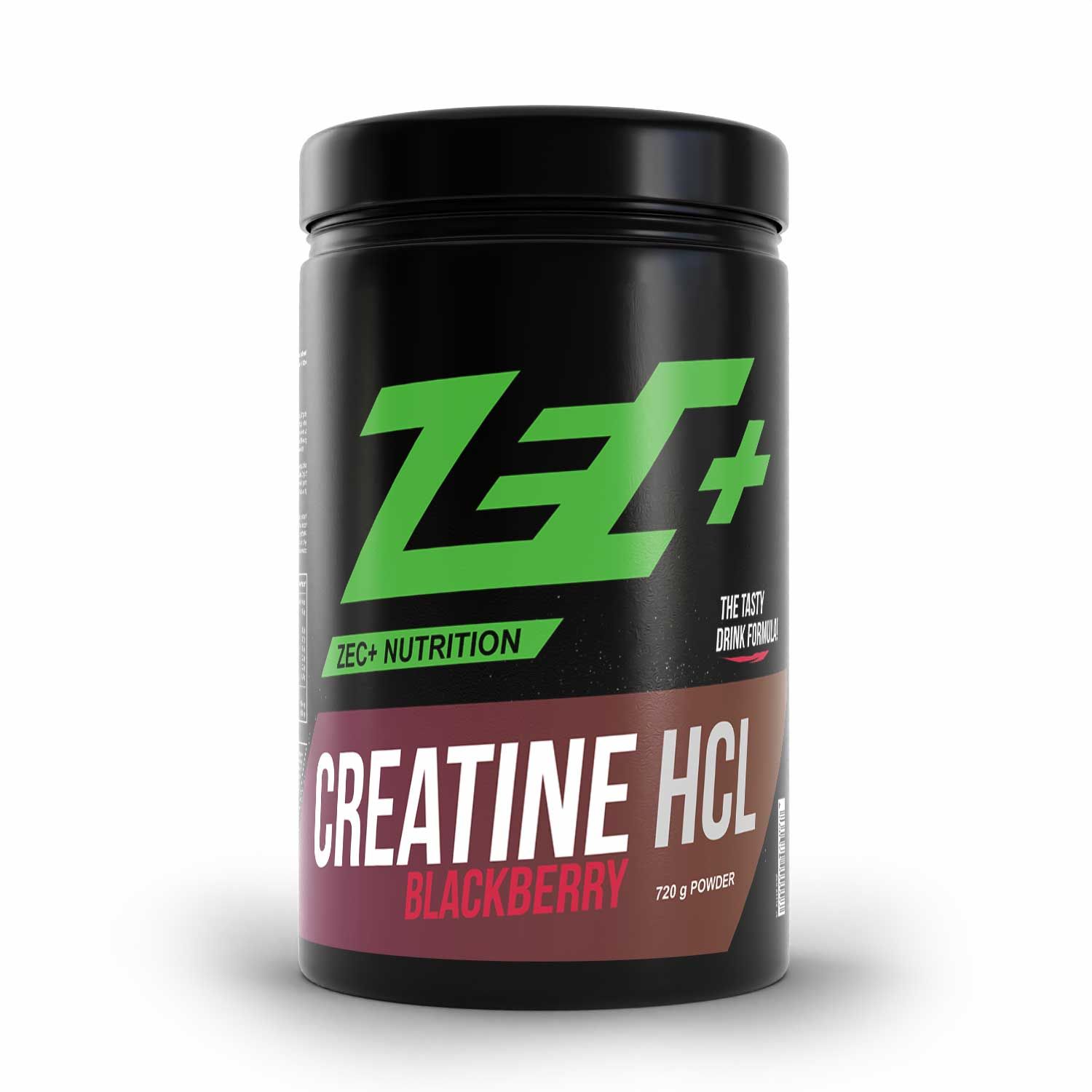 Schwarze Dose mit grünem Logo und Schriftzug CREATINE HCL BLACKBERRY. 720g Pulver. ZEC+ Nutrition.