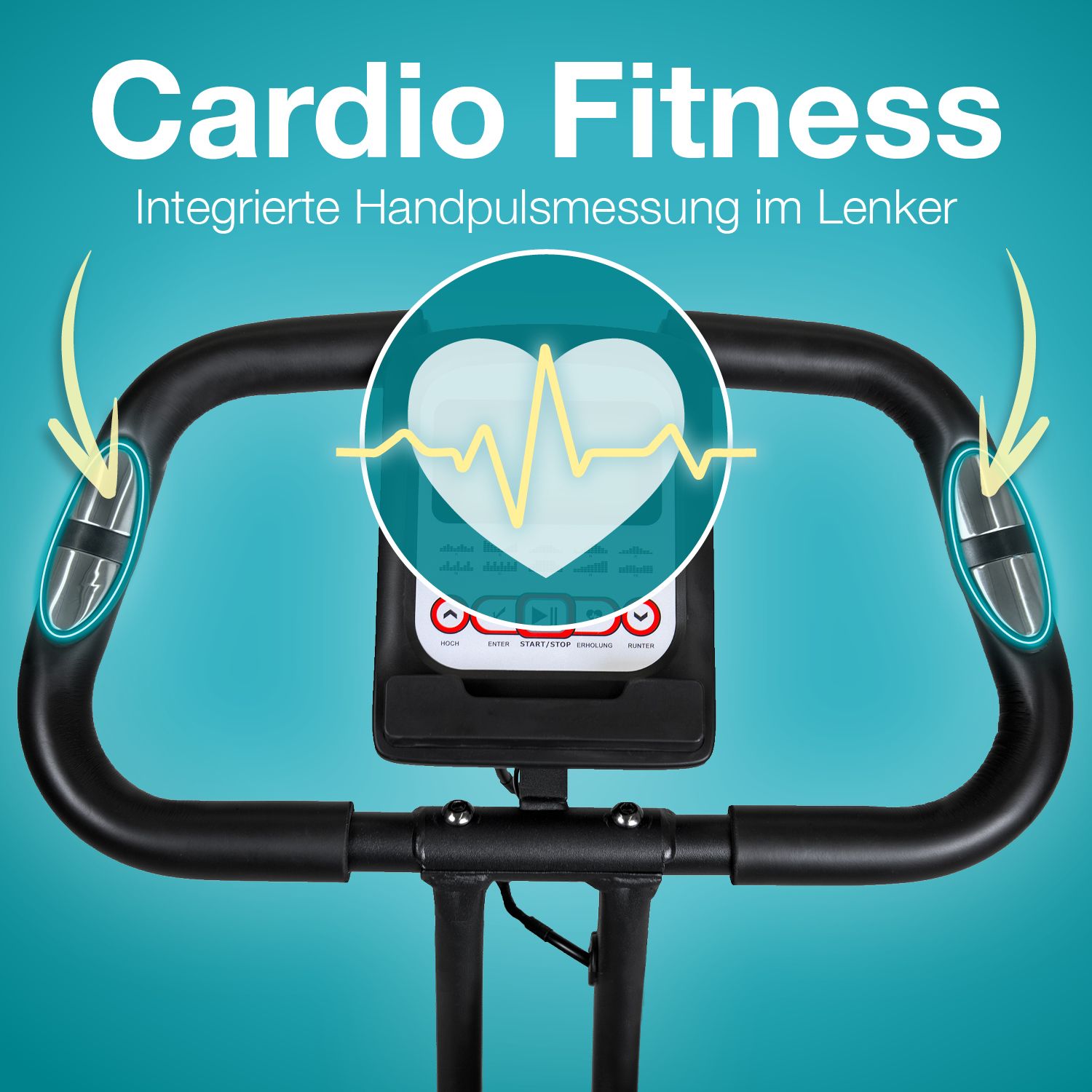 Lenker mit integrierter Handpulsmessung. Herzsymbol mit EKG-Linie. Digitalanzeige.