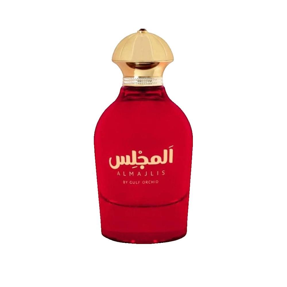 Rote Parfumflasche mit goldenem Verschluss. Arabische Schriftzeichen und englischer Text.