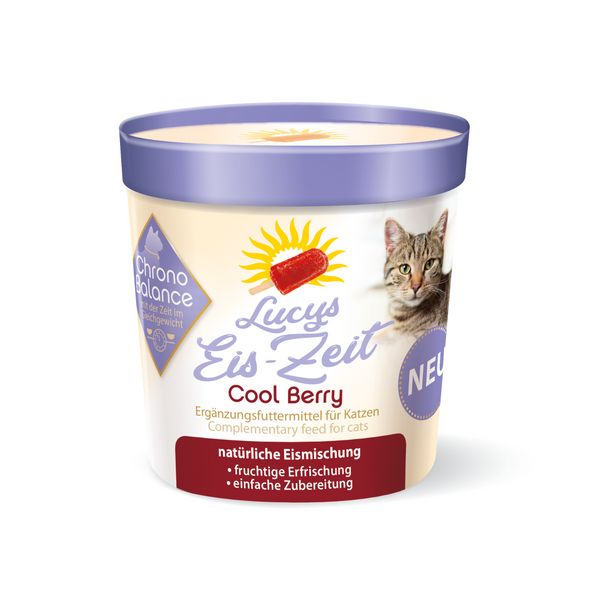 Becher mit Katzenfutter. Aufschrift: Lucys Eis-Zeit Cool Berry. Mit Katze und Eis am Stiel. Zusatzfutter für Katzen.
