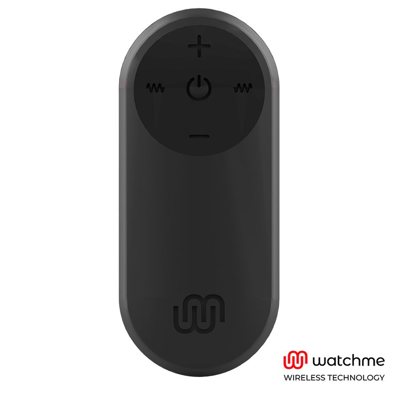 Schwarze Fernbedienung mit Tasten: Plus, Minus, Ein/Aus, und zwei Wellensymbole. Unten Logo und Schriftzug "watchme".
