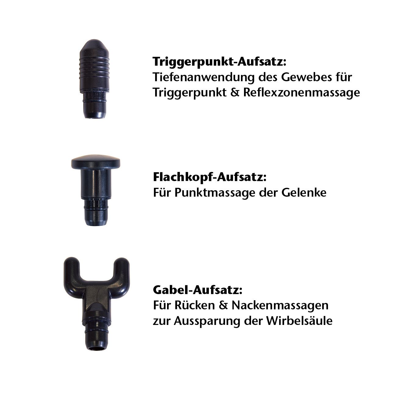 Drei Massagepistolen-Aufsätze: Triggerpunkt-, Flachkopf- und Gabel-Aufsatz. Schwarzes Kunststoffmaterial. Beschriftung.