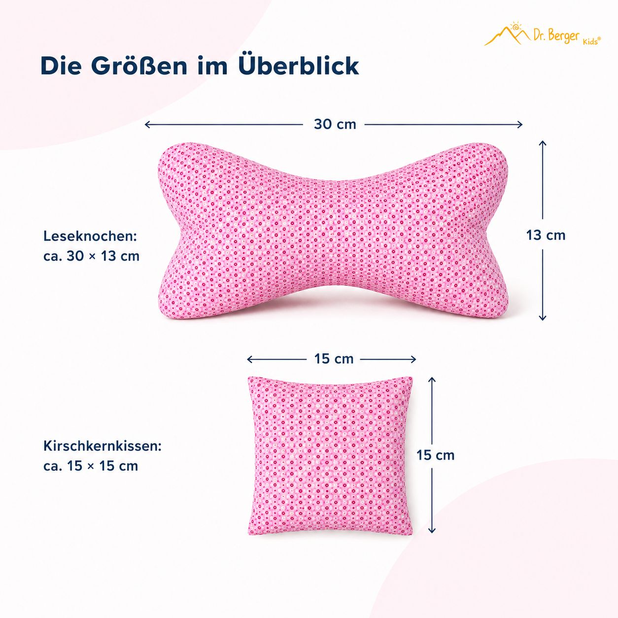 Größenübersicht: Lese-Kissen ca. 30x13 cm, Kirschkernkissen 15x15 cm.