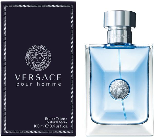 Versace Pour Homme Eau de Toilette Flakon und Verpackung. Schwarze Schachtel mit Logo und Text. Glasflakon mit silbernem Verschluss.