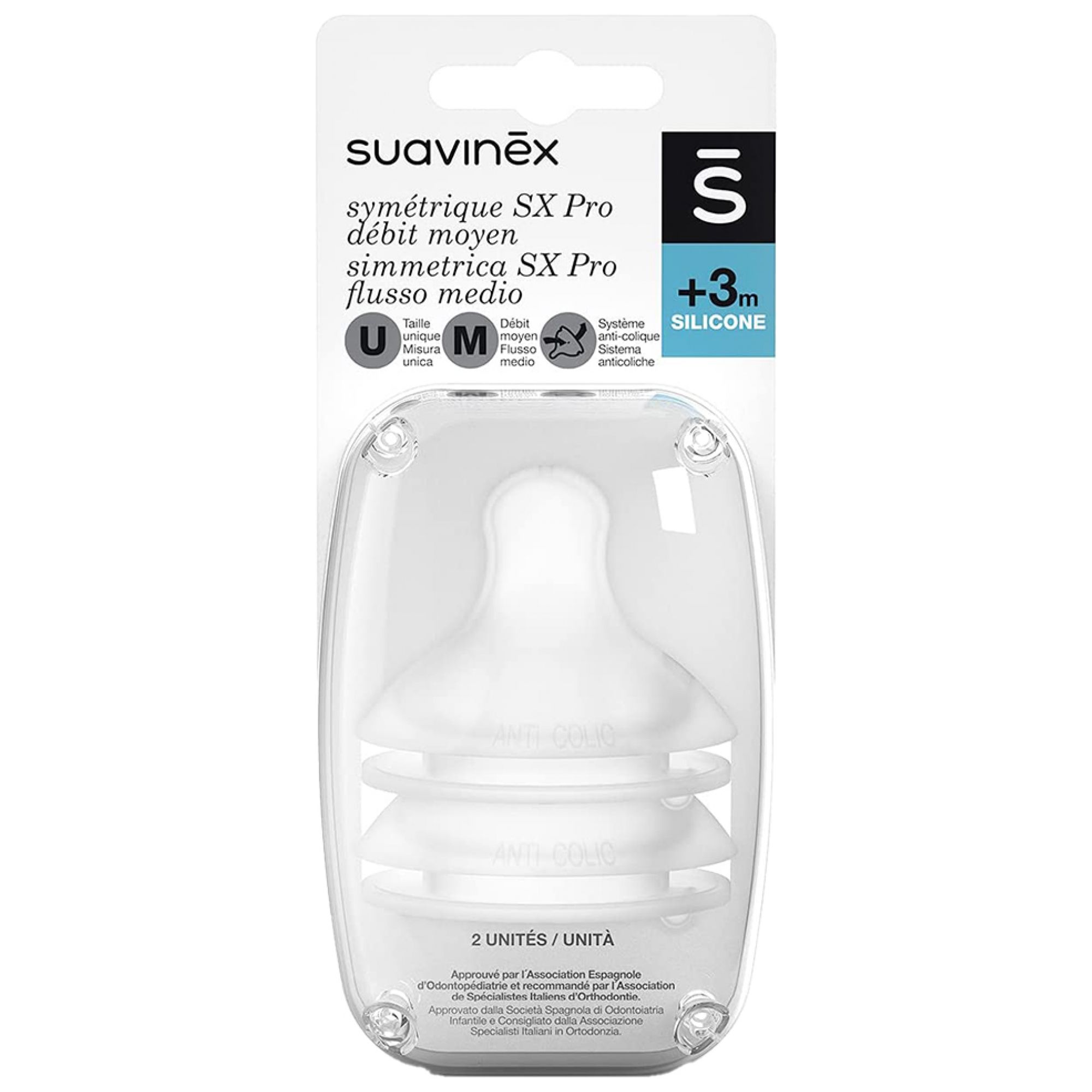 Suavinex 2 SX Pro Medium Flow Symmetrische Sauger 3 Monate und älter 14,5x6,5x5 cm