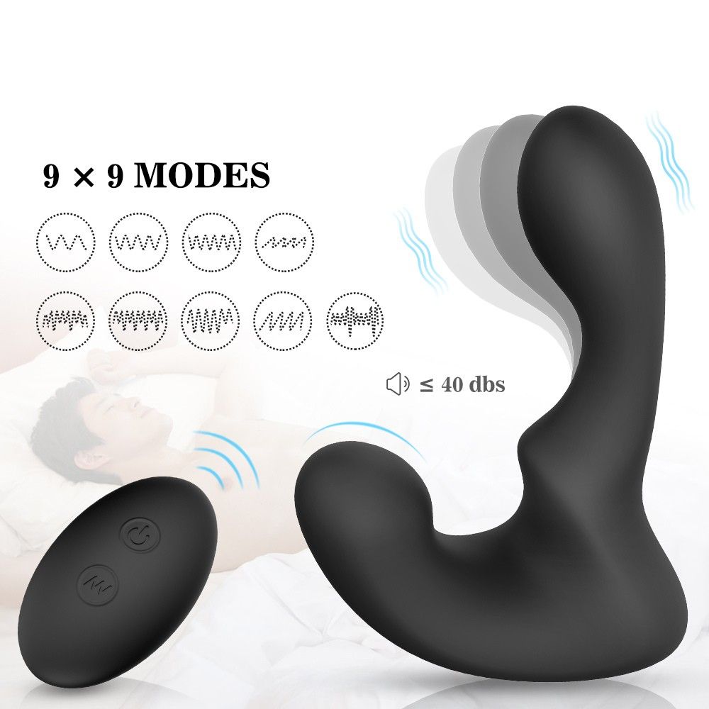 Schwarzer Vibrator mit Fernbedienung. Verschiedene Vibrationsmuster sind abgebildet.