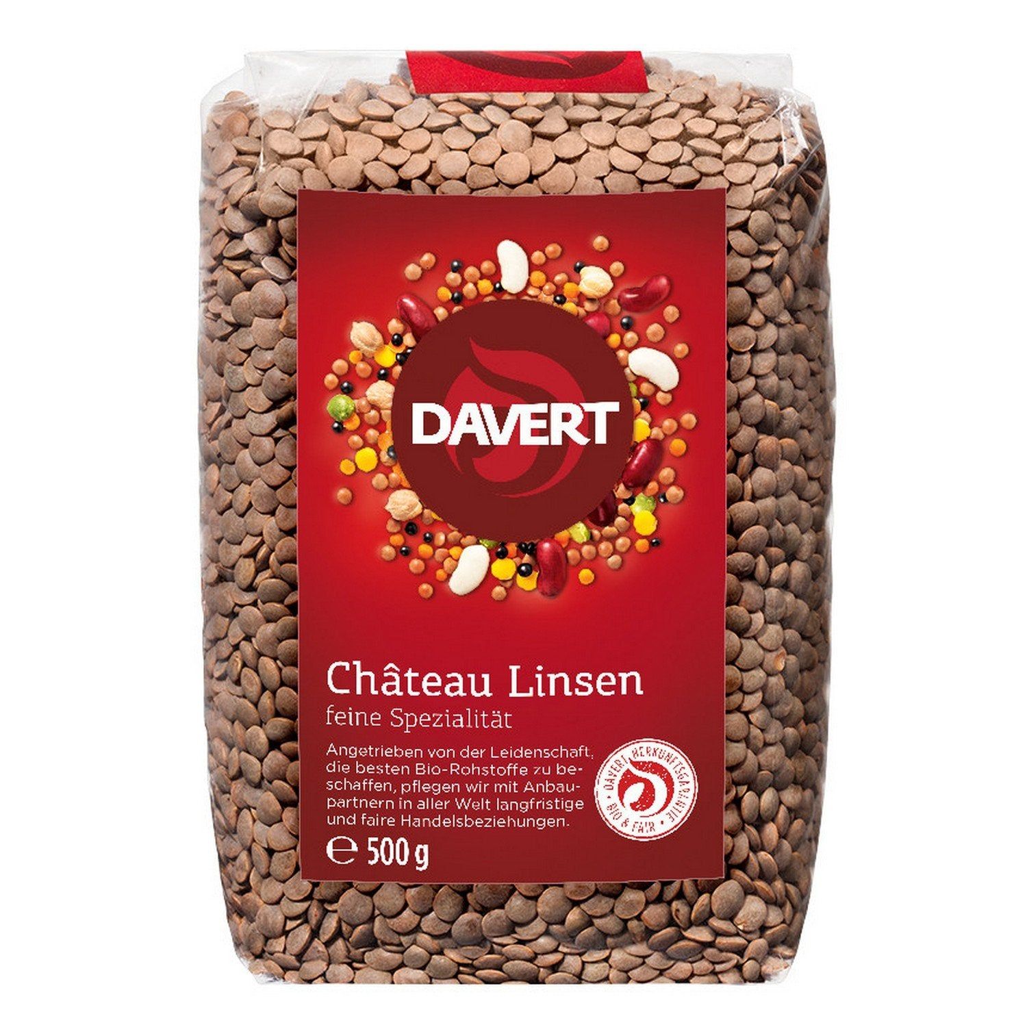 Davert Braune Teller-Linsen, 500g Packung mit Bio-Siegel. Linsen sind gut sichtbar.