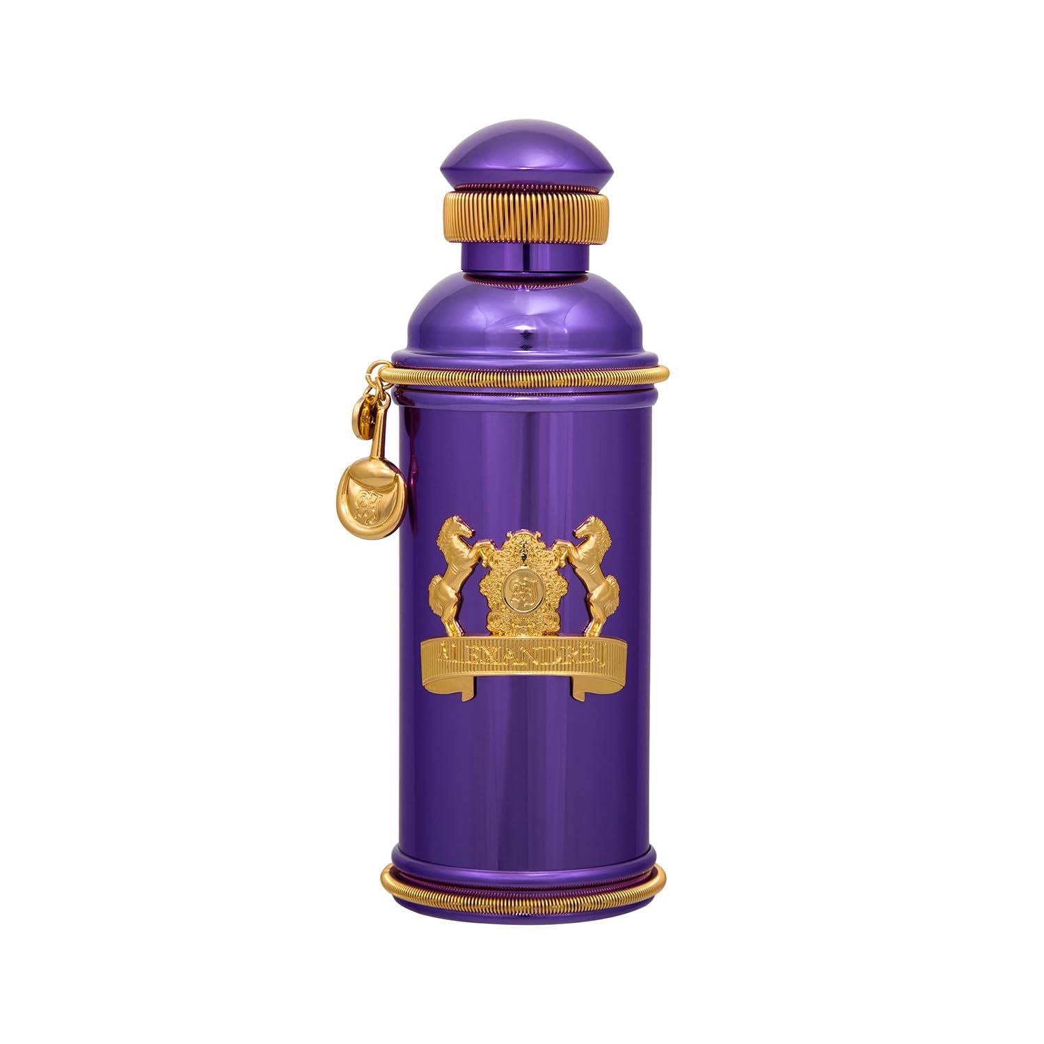 Violette Flasche mit goldenen Verzierungen. Aufschrift: Alexandre.j. The Collector. Iris Violet.