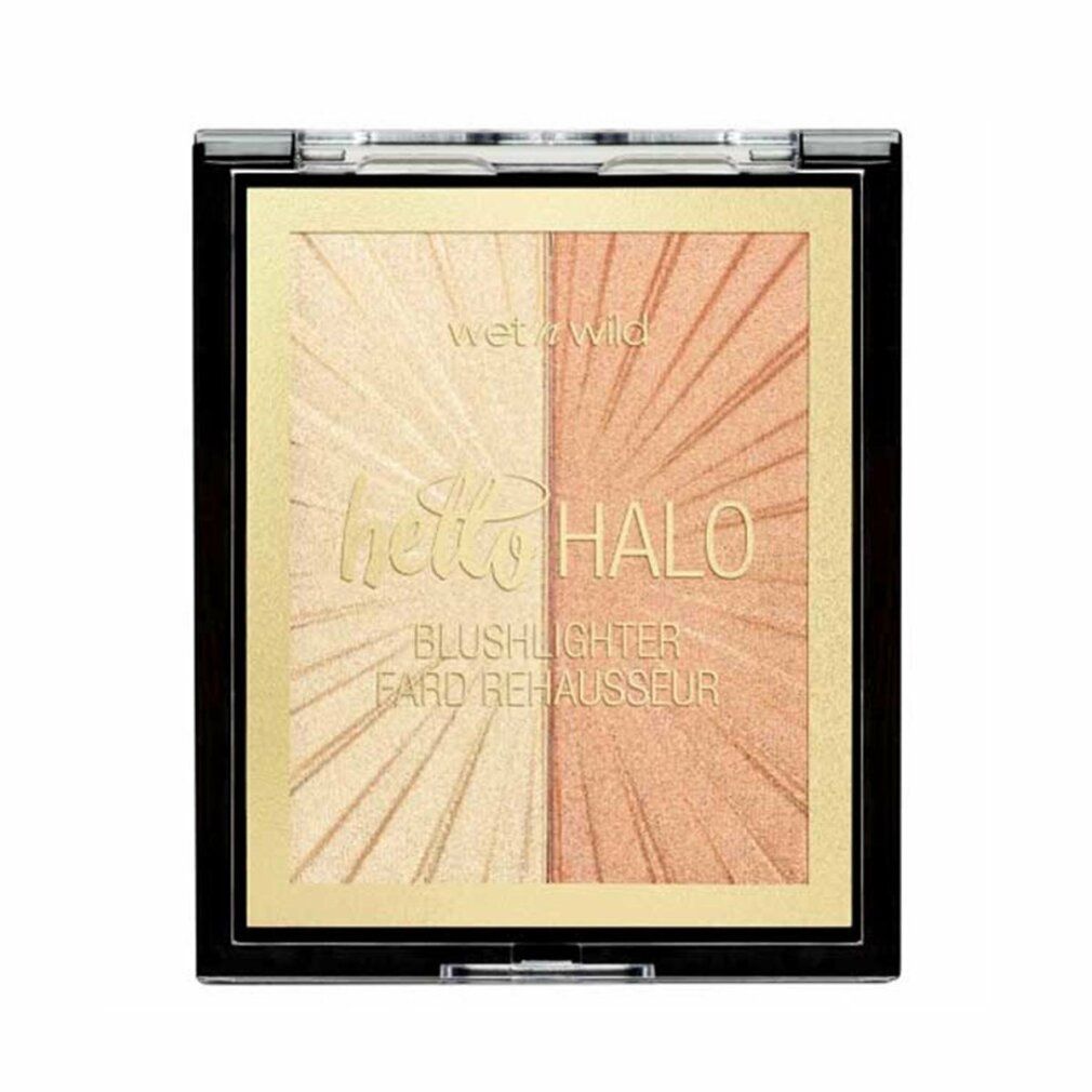 Blushlighter mit zwei Farbtönen. Marke: Wet n Wild. Text: Hello Halo, Blushlighter Fard Rehausseur. Schwarze Verpackung.