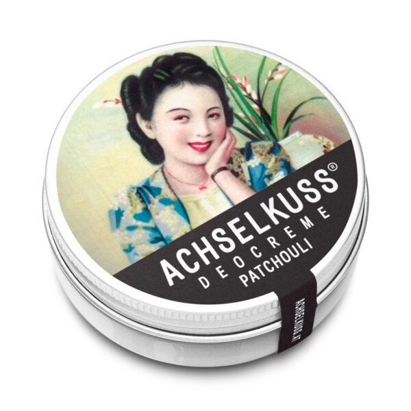 ACHSELKUSS Deocreme Patchouli in runder Dose mit Bild einer Frau und seitlichem Etikett.