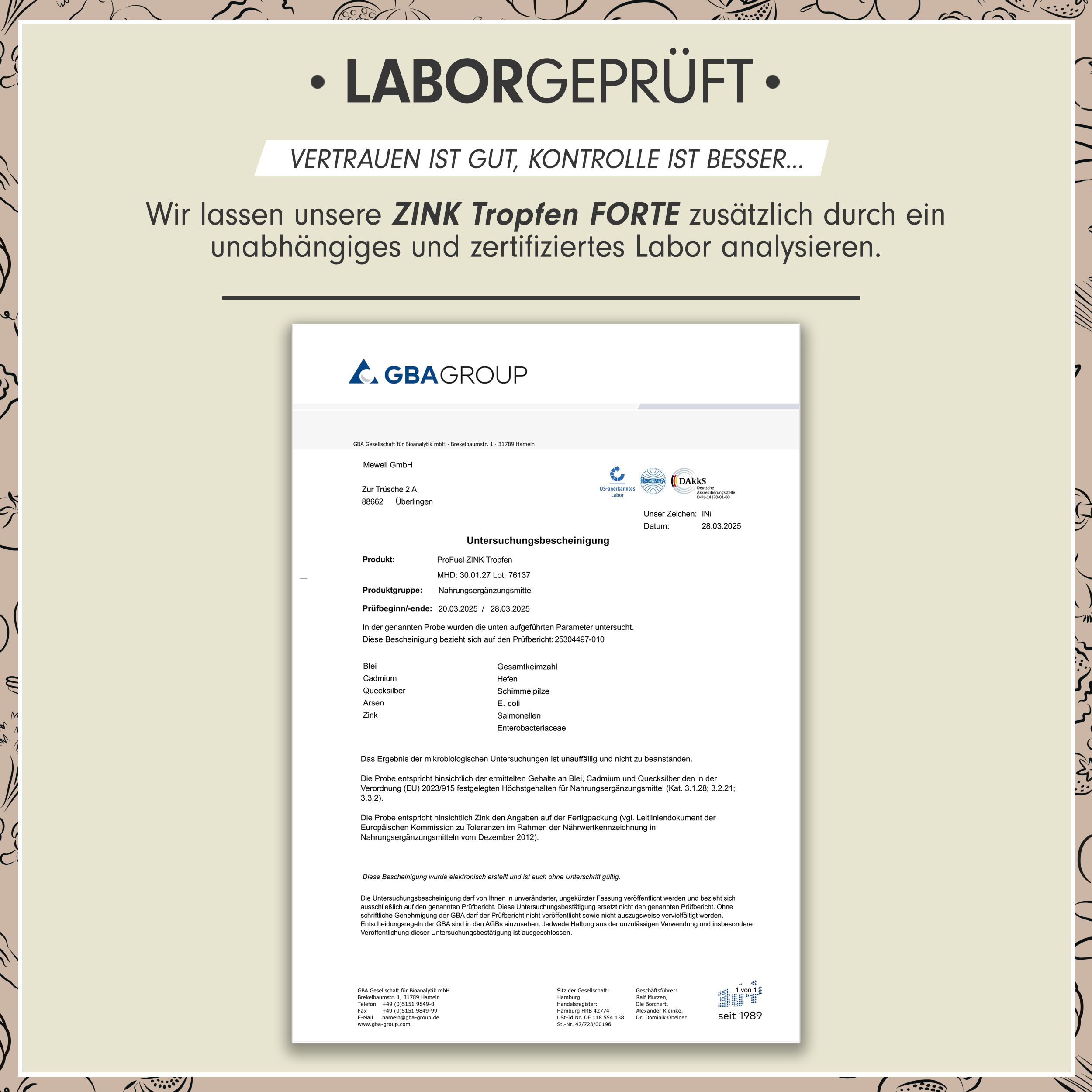 Laborbericht von GBA Group. Bestätigt die Analyse von ZINK Tropfen Forte. Enthält Informationen zu Produkt, Chargennummer, und Testergebnissen.