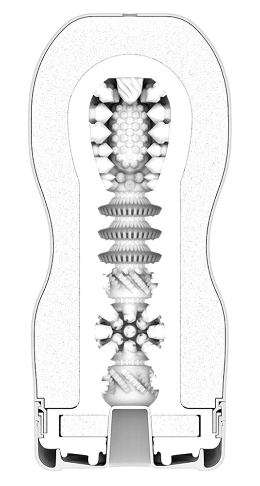 Schnitt durch ein weißes Wellness-Produkt. Innenstrukturen mit verschiedenen Texturen. Unterteil mit Öffnung.