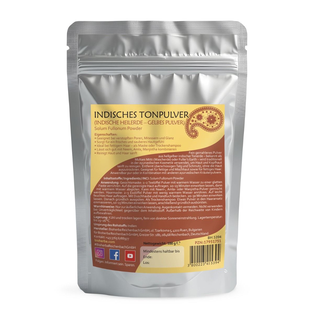 Rückseite der silberfarbenen Verpackung. Text: Indisches Tonpulver, Solum Fullonum. Inhaltsstoffe, Anwendungshinweise, Herstellerinformationen.