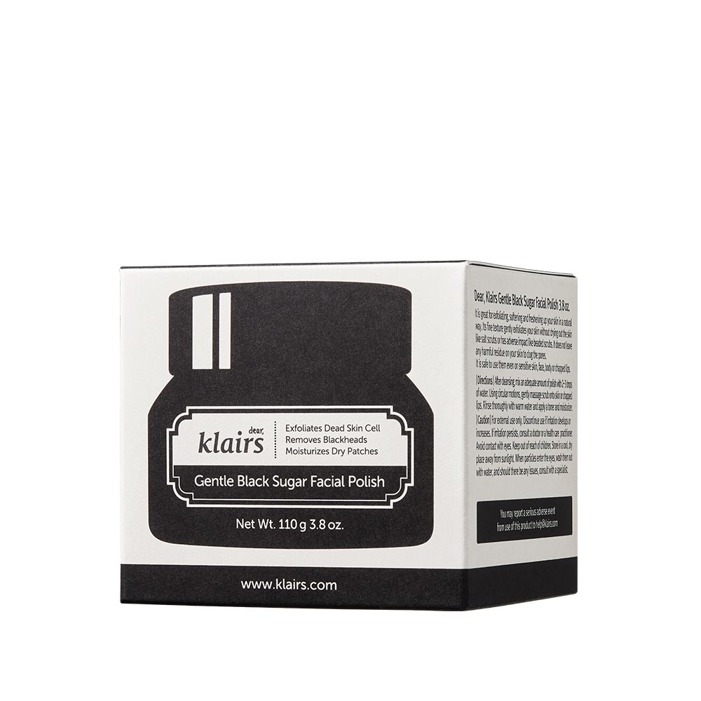 Klairs Gentle Black Sugar Facial Polish Verpackung mit schwarzem Deckel und weißem Etikett.