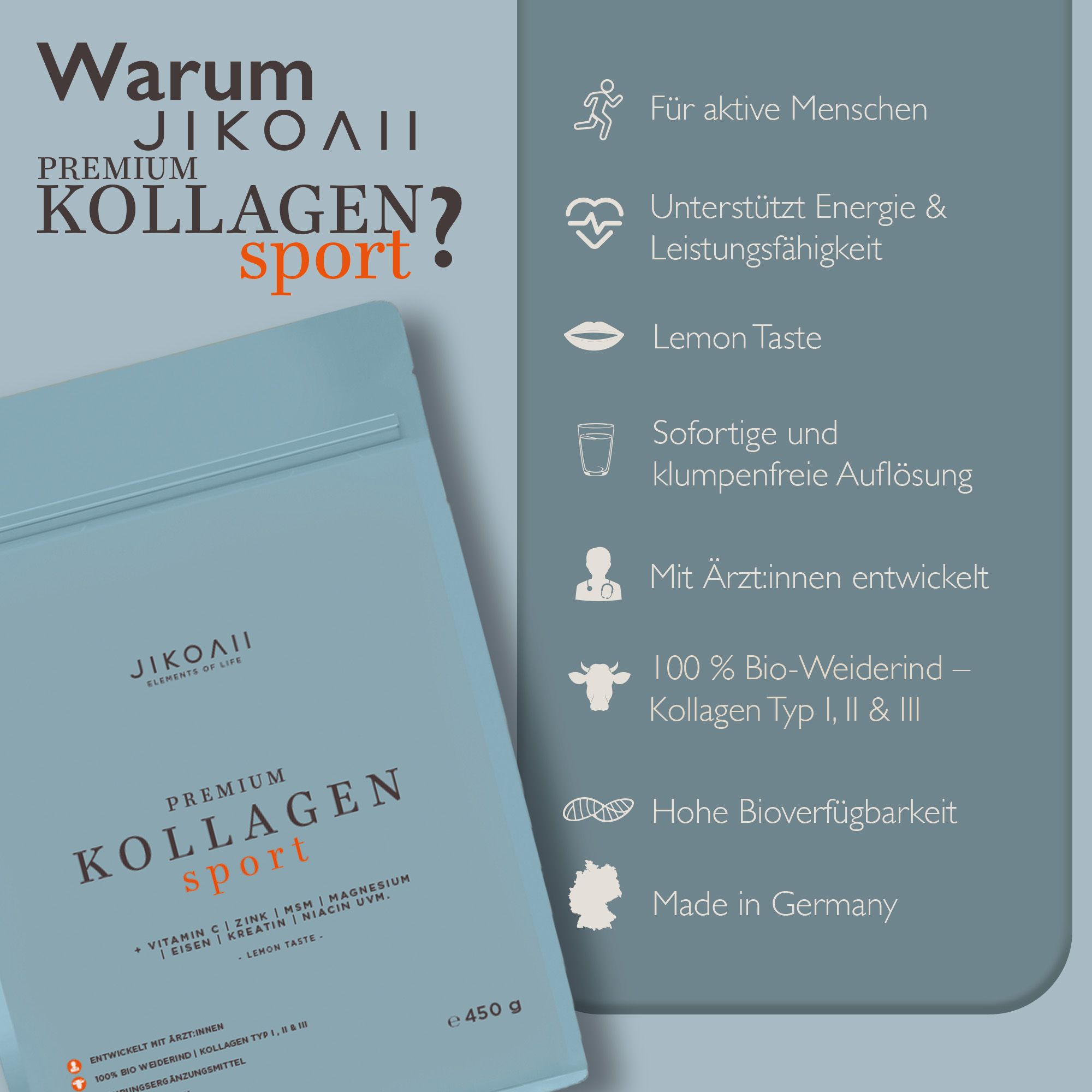 Produktinformationen auf blauem Hintergrund. JIKOAII Kollagen SPORT, Vorteile, Inhaltsstoffe, Made in Germany.