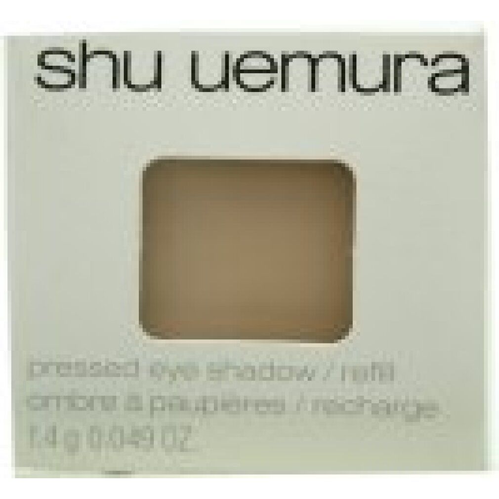 Beige Lidschatten-Nachfüllung in quadratischer Verpackung. Marke Shu Uemura. 1,4 g. Aufschrift: pressed eye shadow / refill.