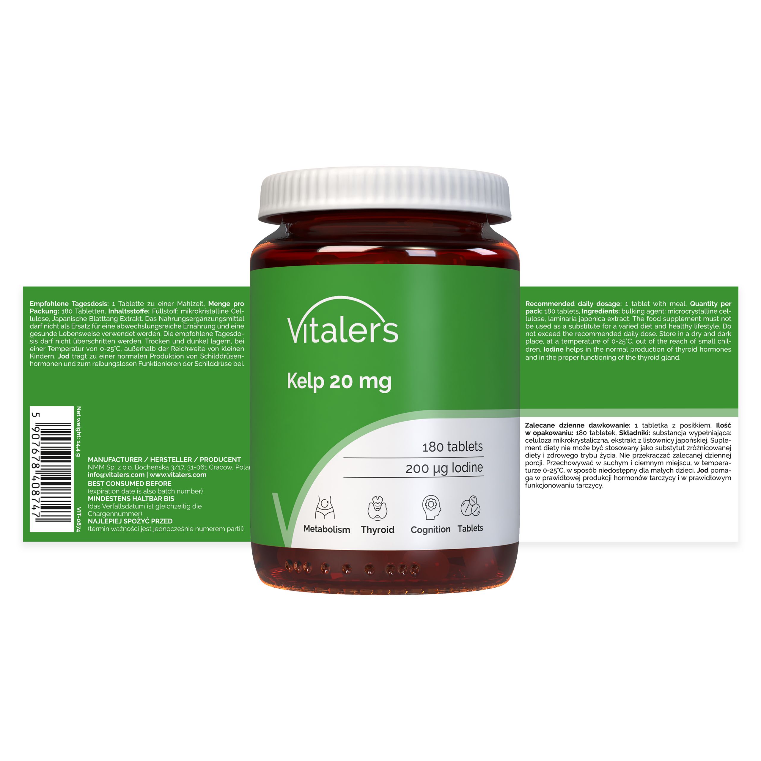 Vitaler's Kelp 20 mg Flasche und Verpackung. Enthält 180 Tabletten, 200 µg Jod.