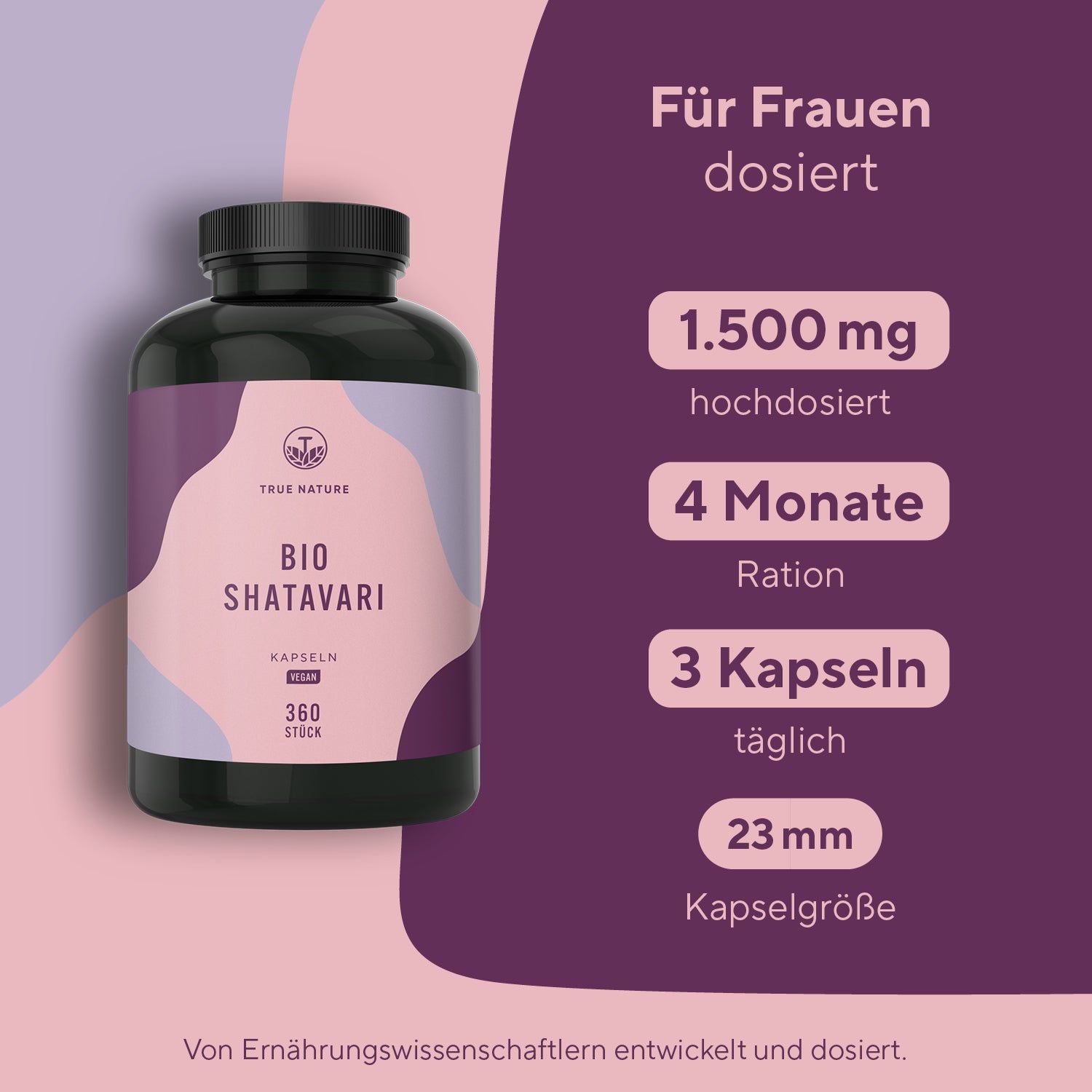 Braune Flasche mit Etikett. Aufschrift: BIO SHATAVARI, 360 Stück, 3 Kapseln täglich, 23 mm Kapselgröße.