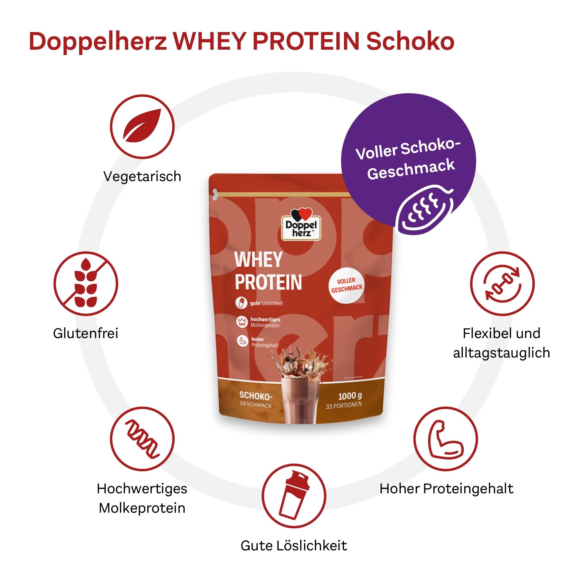Doppelherz WHEY PROTEIN Schoko-Packung mit Produktinformationen und Icons. Runde Anordnung.