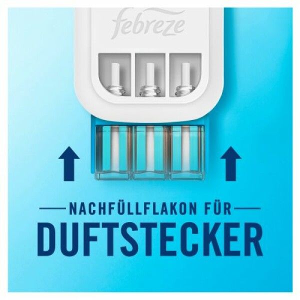Nachfüllflakons für Duftstecker. Drei Flakons in Blau und Weiß, mit Pfeilen. Oben: Logo Febreze.