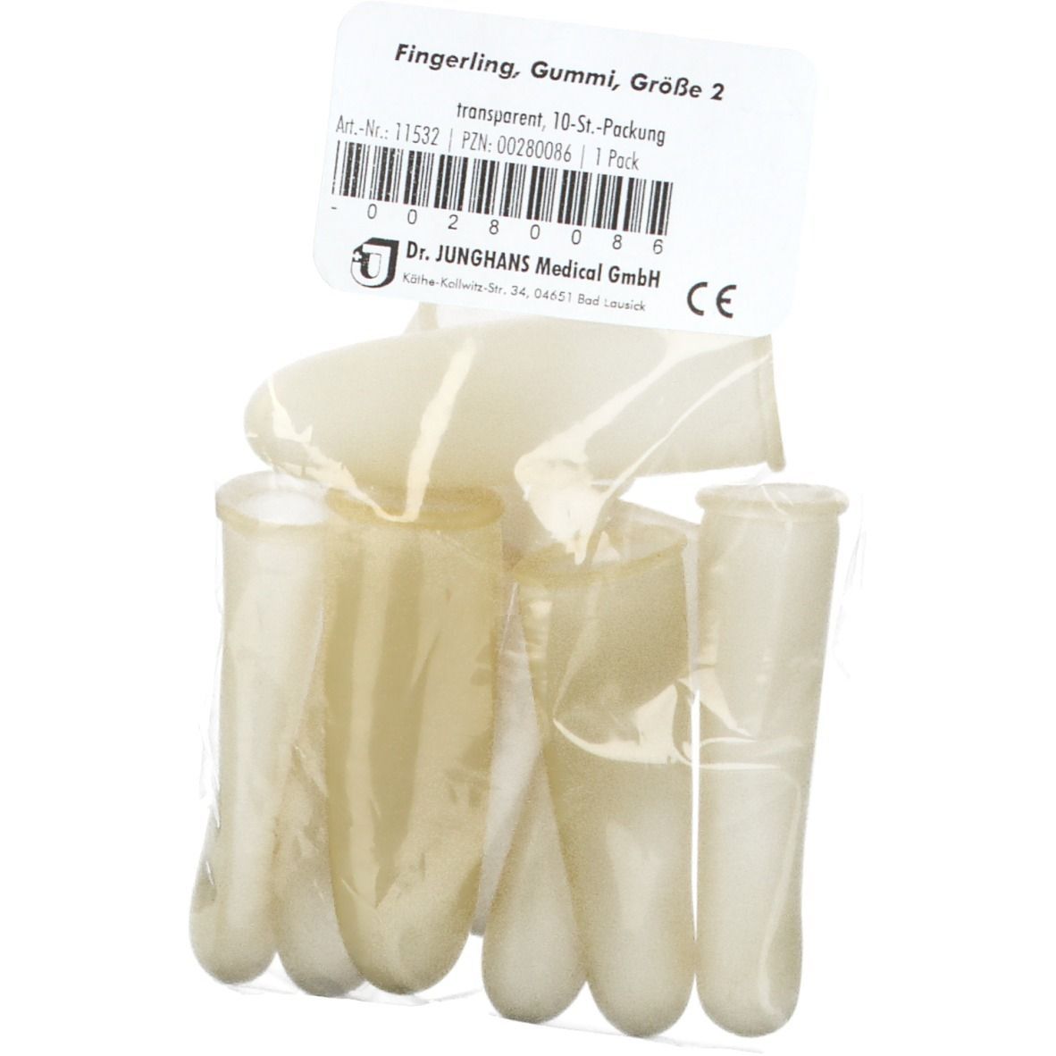 Fingerlinge in Folienverpackung mit Etikett. Text: Fingerling, Gummi, Größe 2.