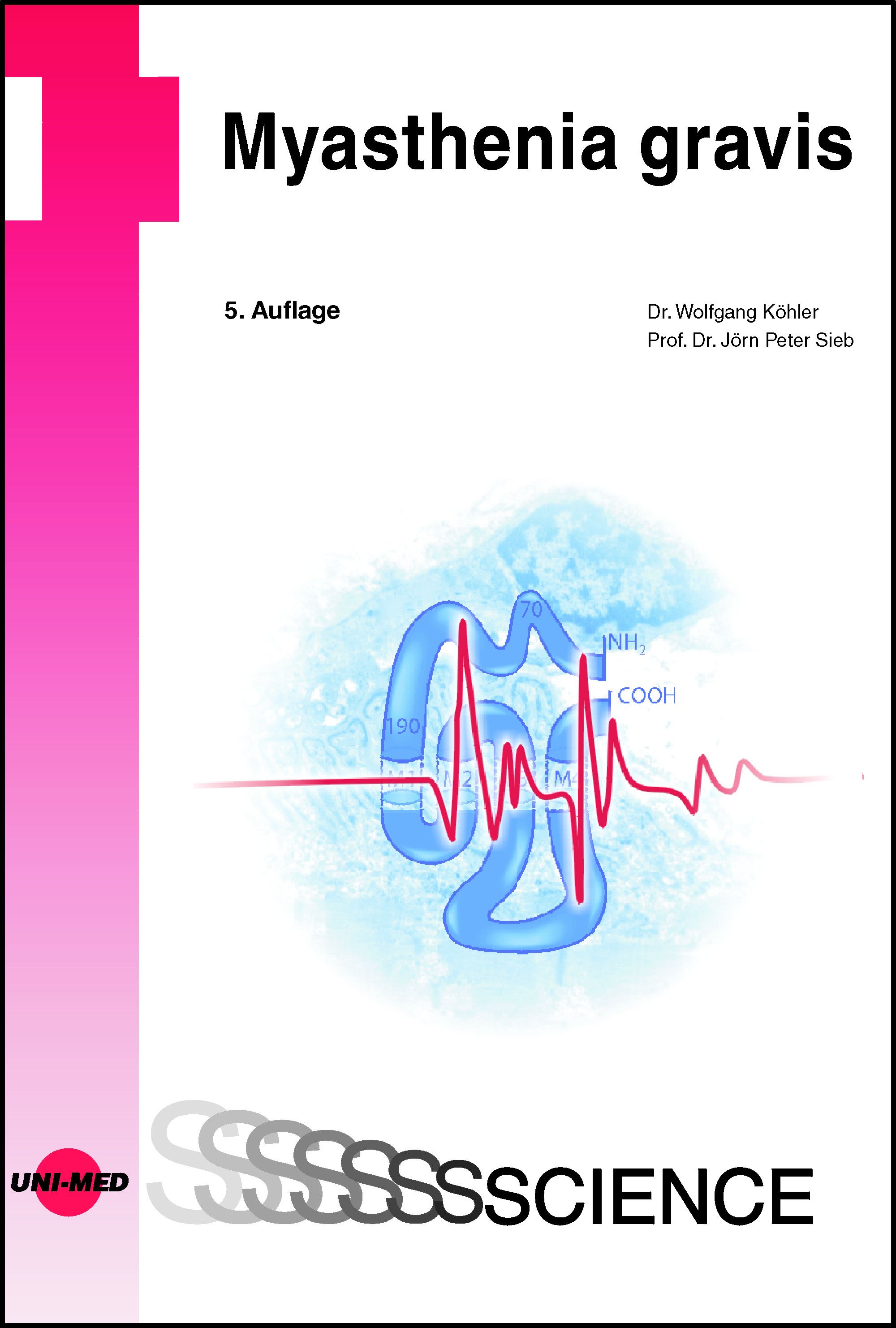 Buchcover mit Titel "Myasthenia gravis". Autoren: Dr. Wolfgang Köhler, Prof. Dr. Jörn Peter Sieb. Auflage 5. Abbildung eines Moleküls und EKG-Linie.