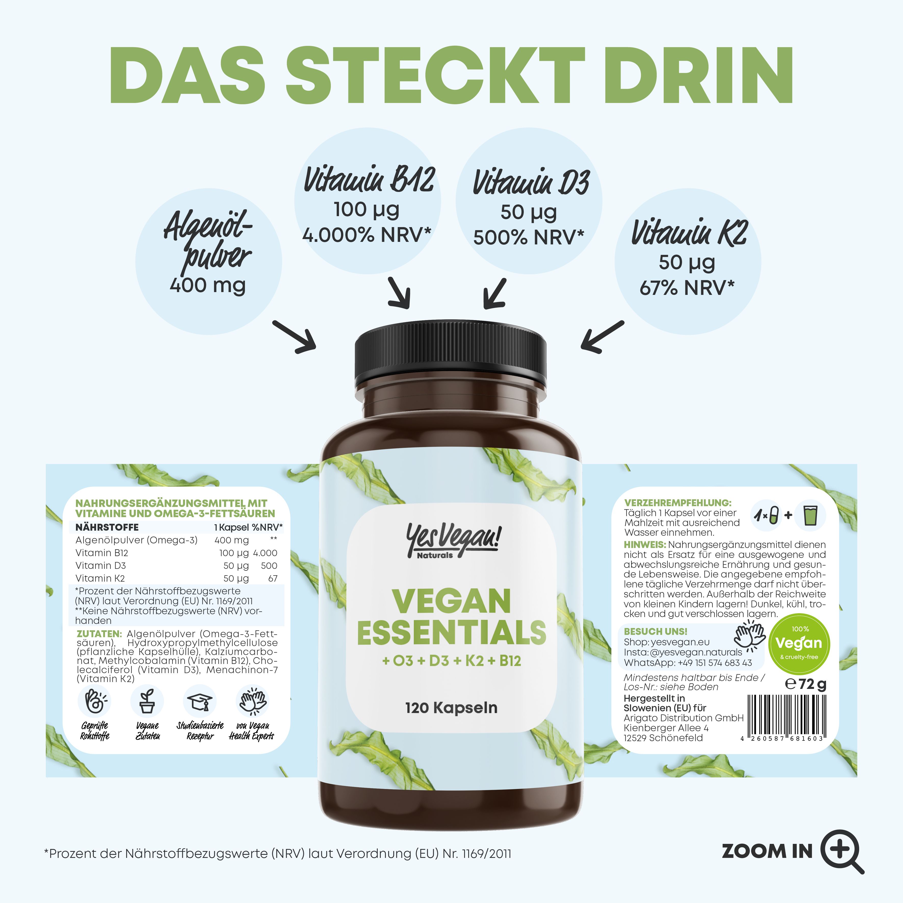 Yes Vegan® Vegan Essentials - B12 D3 K2 Omega 3 - Kapseln