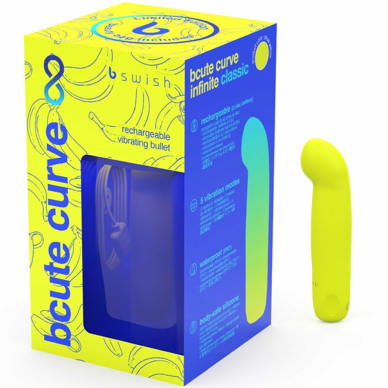 Gelber Vibrator neben einer Verpackung. Die Verpackung zeigt das Produkt in einer blauen Hülle und Produktinformationen.