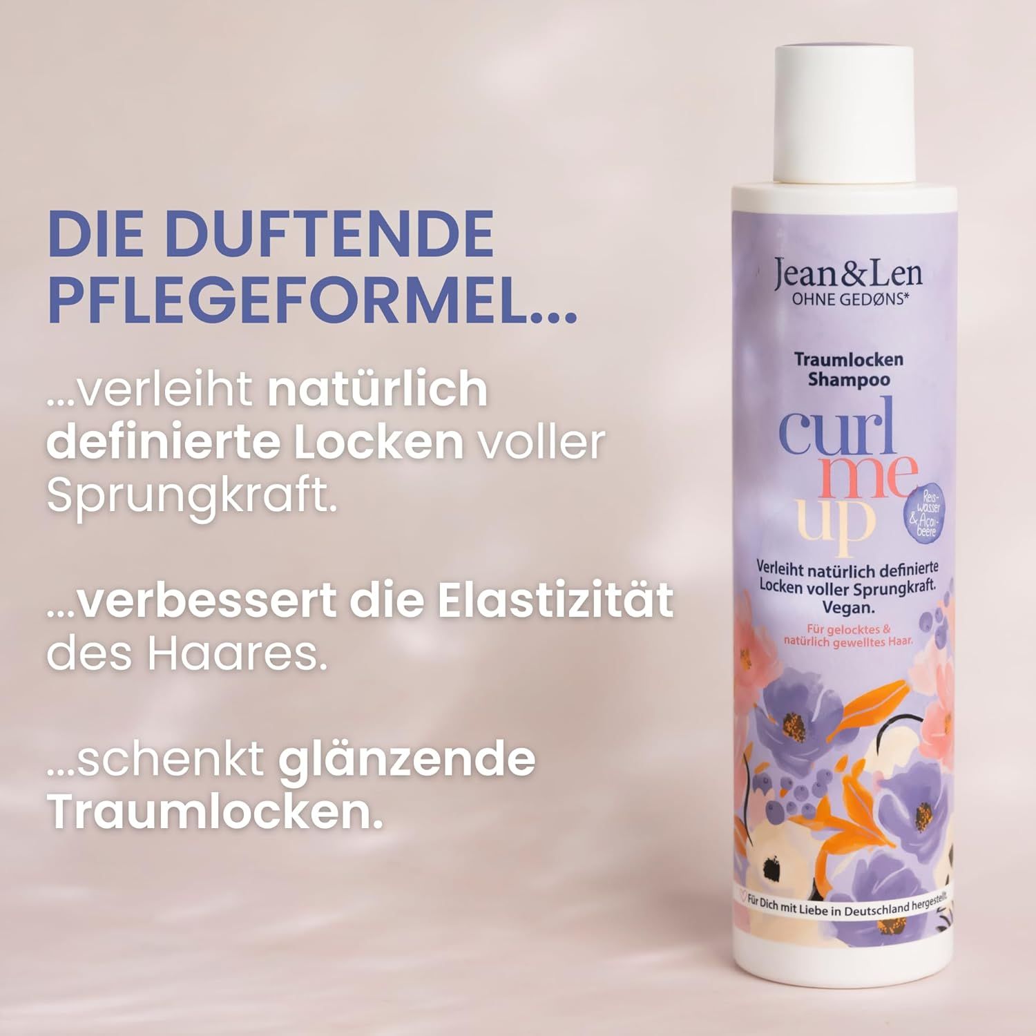 Produktflasche mit Text: Die duftende Pflegeformel...verleiht definierte Locken, verbessert die Elastizität, schenkt glänzende Traumlocken.