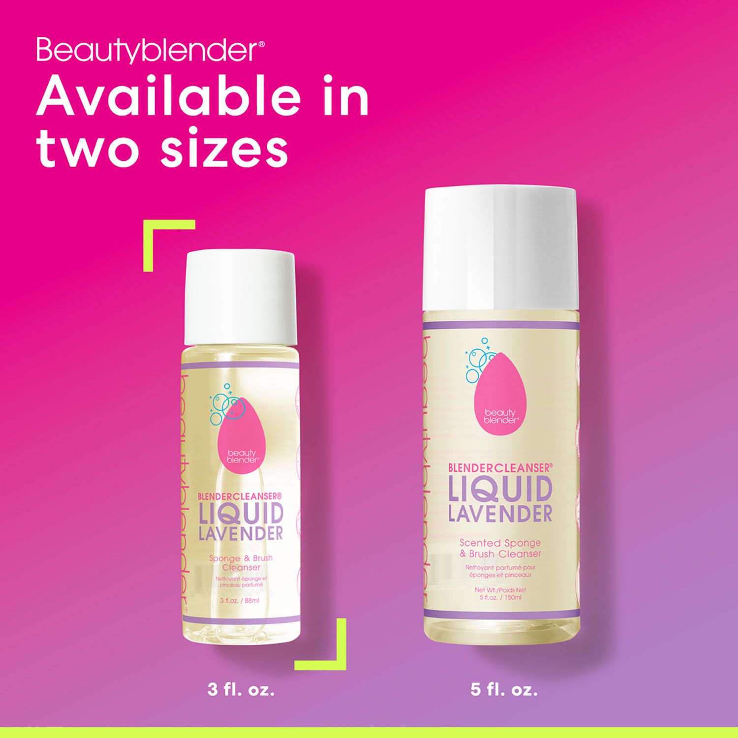 Zwei Flaschen Liquid Lavender Reiniger. Eine 3 oz, eine 5 oz. Aufschrift: Scented Sponge & Brush Cleanser. Rosa Logo. Weißer Deckel.