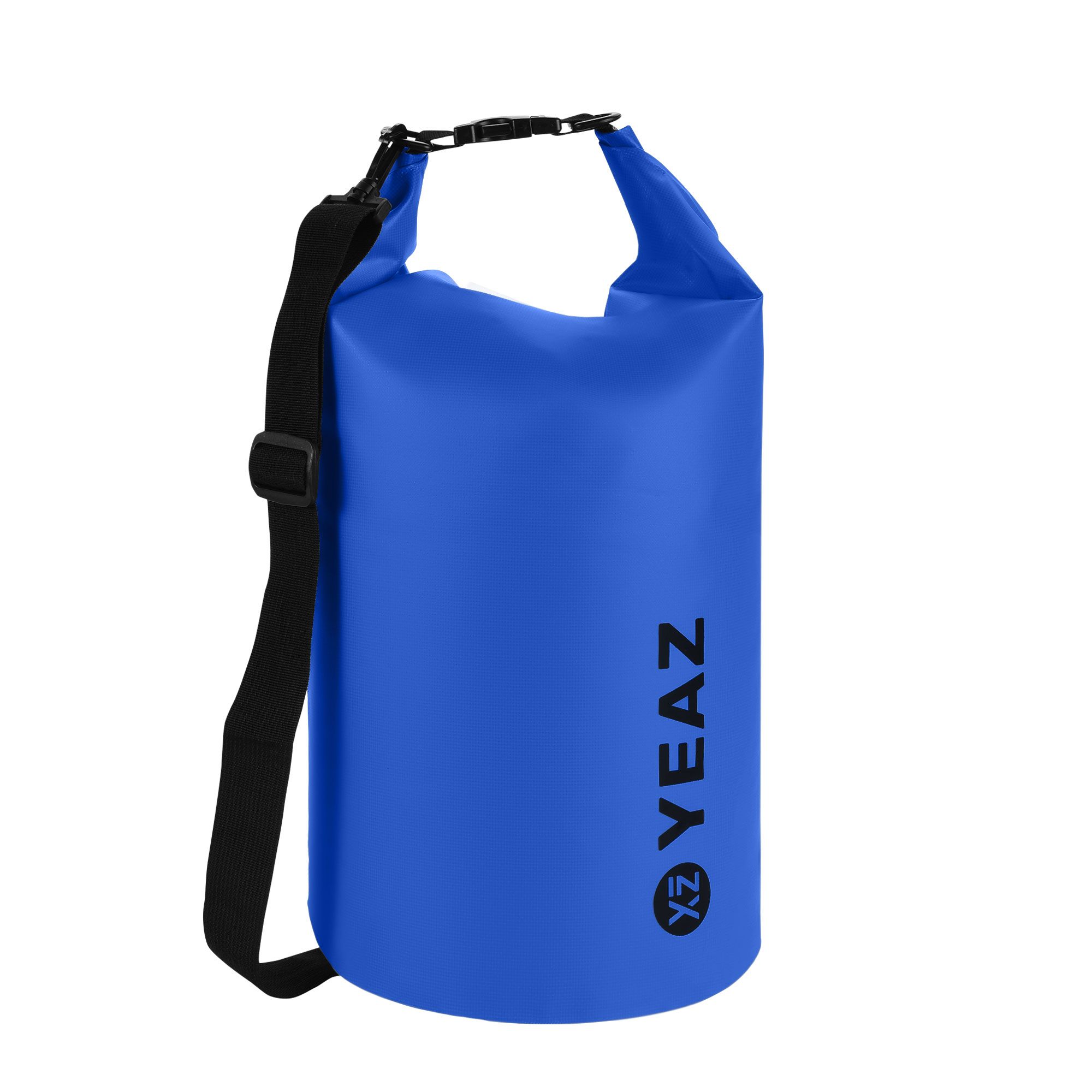 Blauer Packsack mit Schultergurt. Schwarzer Verschluss und Logo YEAZ.