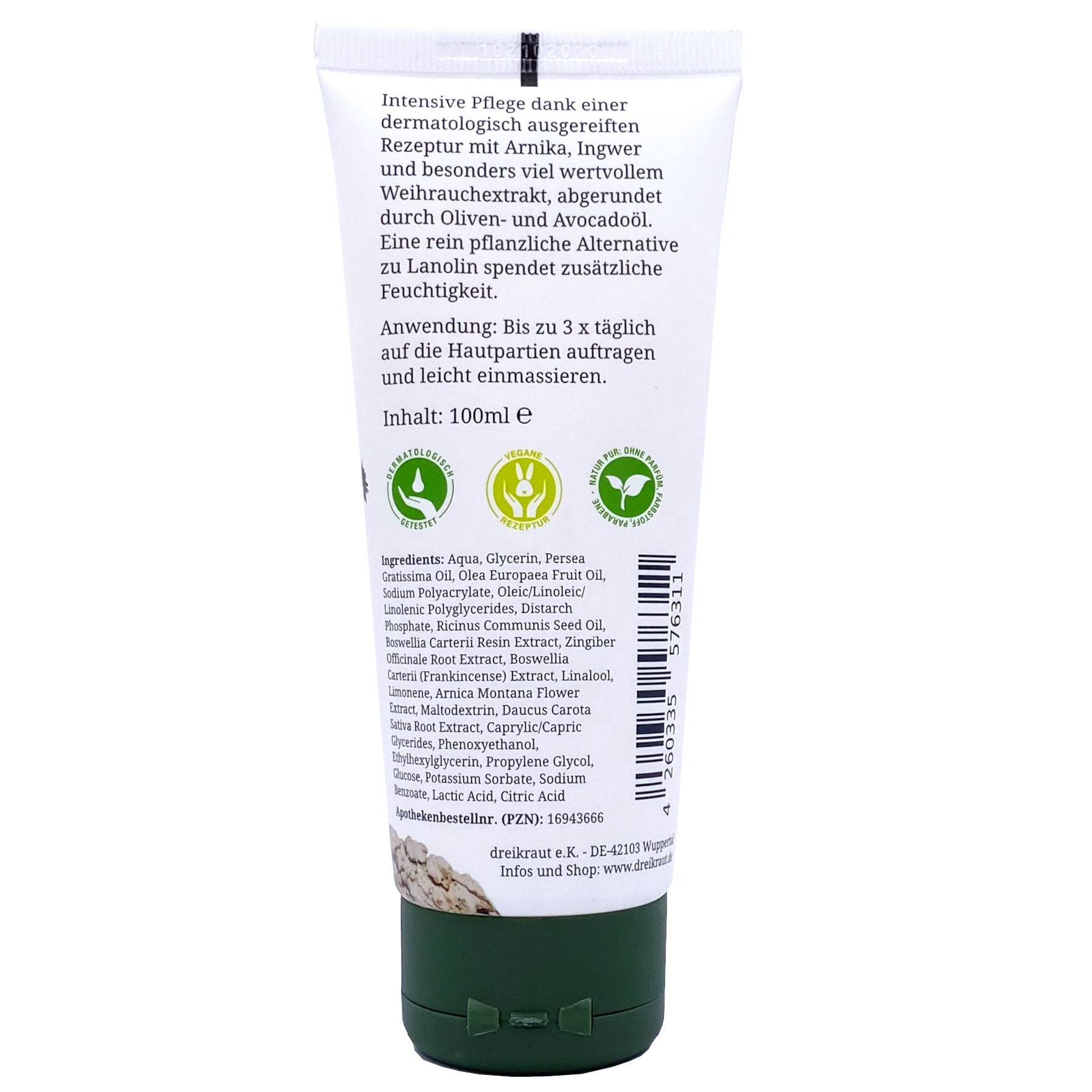 Creme-Tube mit Text, Inhaltsstoffen und Zertifizierungen. Grüner Deckel, weißer Tubenkörper. Text in deutscher Sprache.